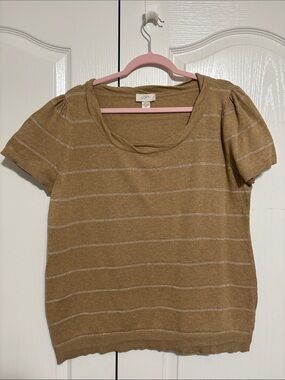 LOFT Tan Short Sleeve Scoop Neck Top with Subtle Metallic Stripes